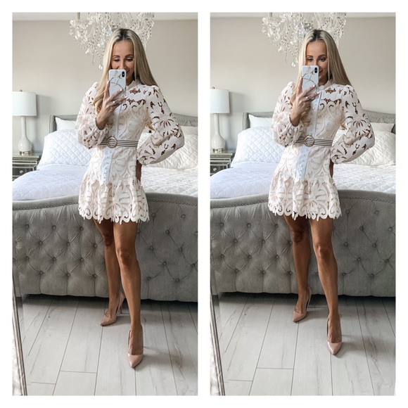 Apricot Lace Lantern Puff Sleeve Dress - Picture 8 of 10